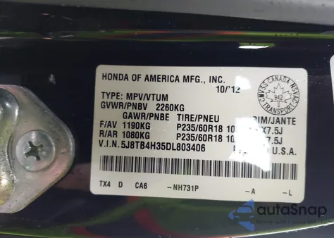 2013 Acura Rdx from USA, damaged, VIN 5J8TB4H35DL803406